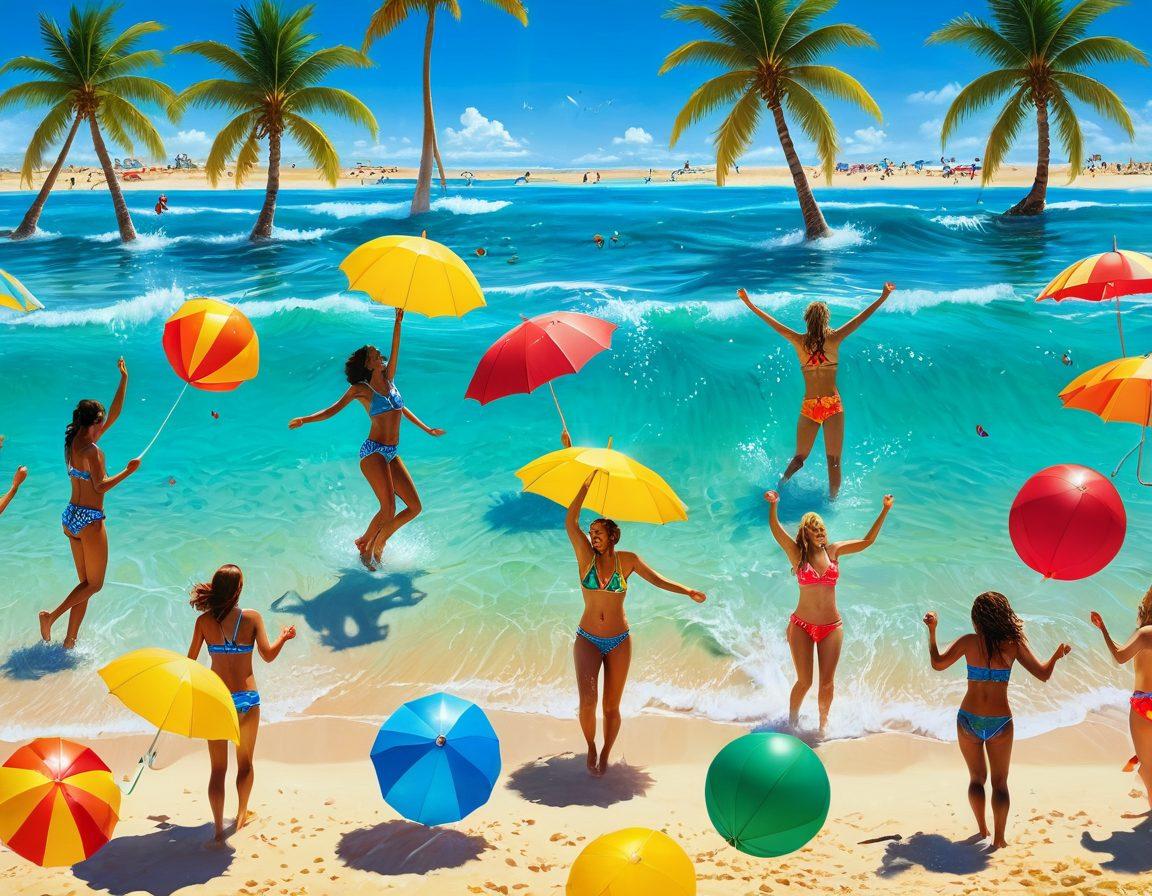 A vibrant beach scene with smiling friends enjoying the sun, wearing the latest colorful swimwear. Capture splashes of water as they dive into the shimmering ocean, surrounded by beach balls and umbrellas. Include a clear blue sky with a glowing sun in the background. Add elements of joy and excitement, with palm trees swaying gently. super-realistic. vibrant colors. summer vibes.